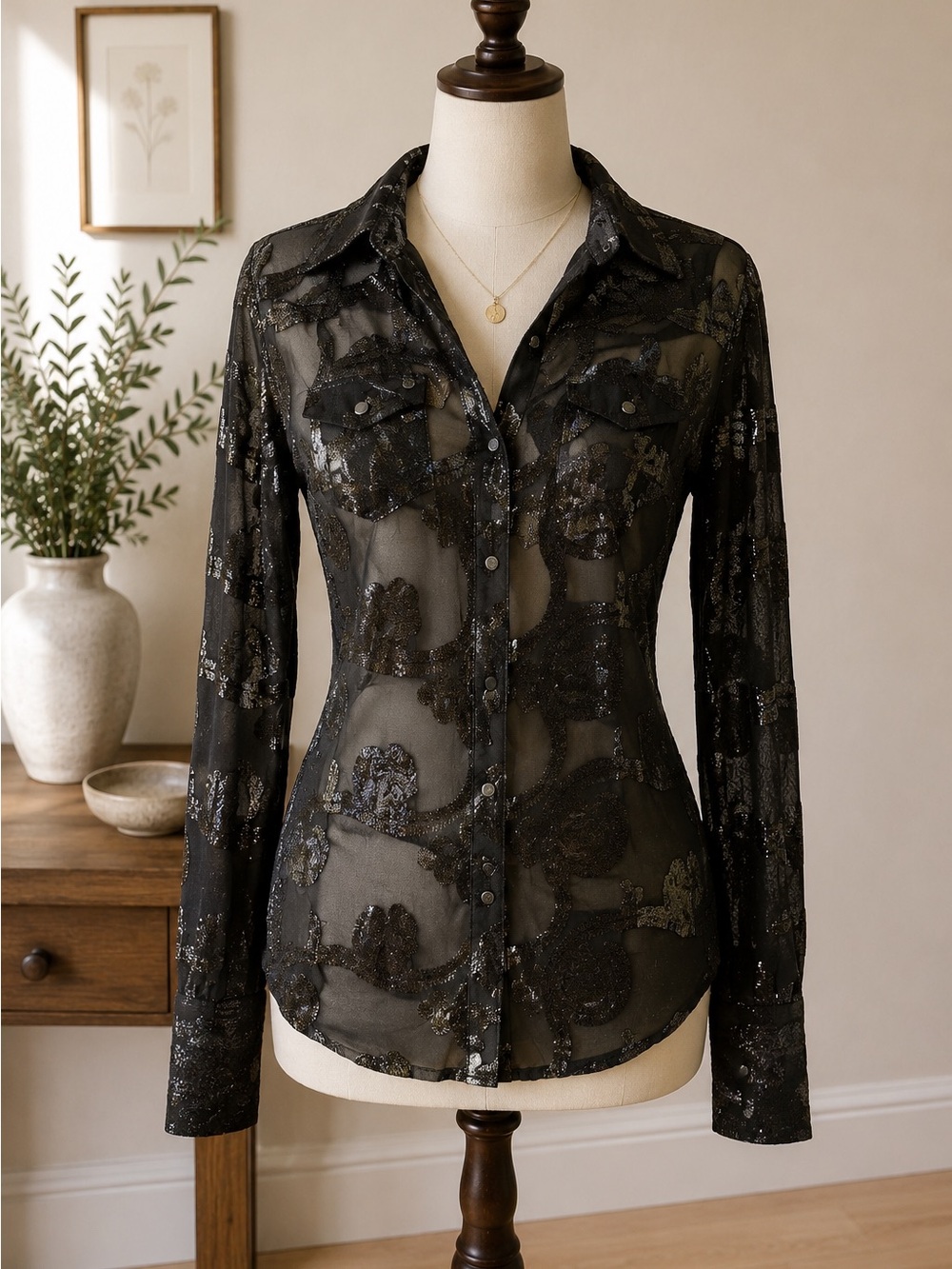 Ariat Western Burnout Velvet Snap Button Sheer Black Shirt SP Y2K Country rodeo
